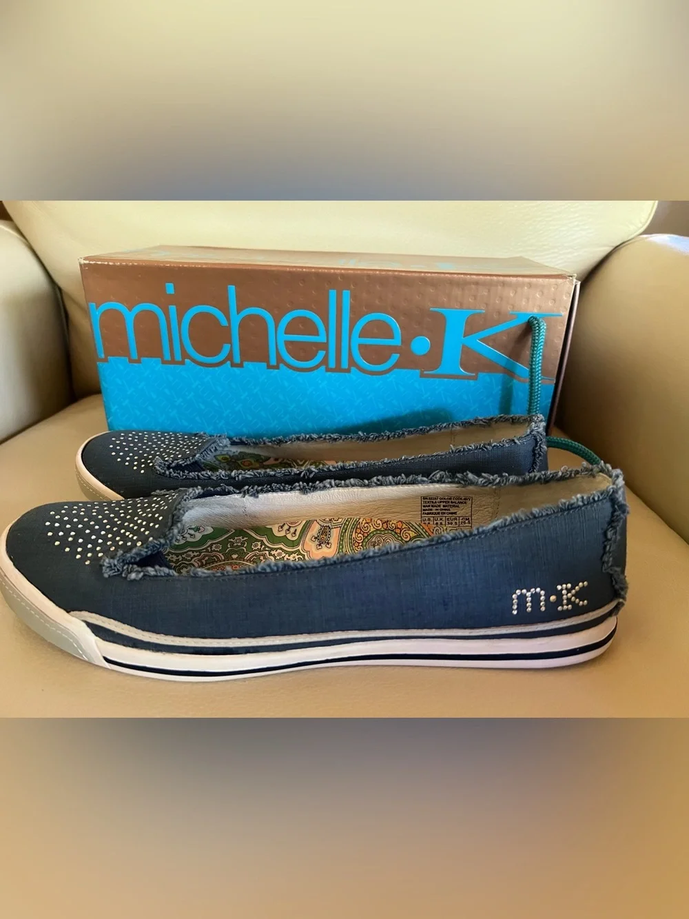 Vintage Deadstock Michelle K Enthrall Karin Navy Rhinestone Slip-Ons 9.5